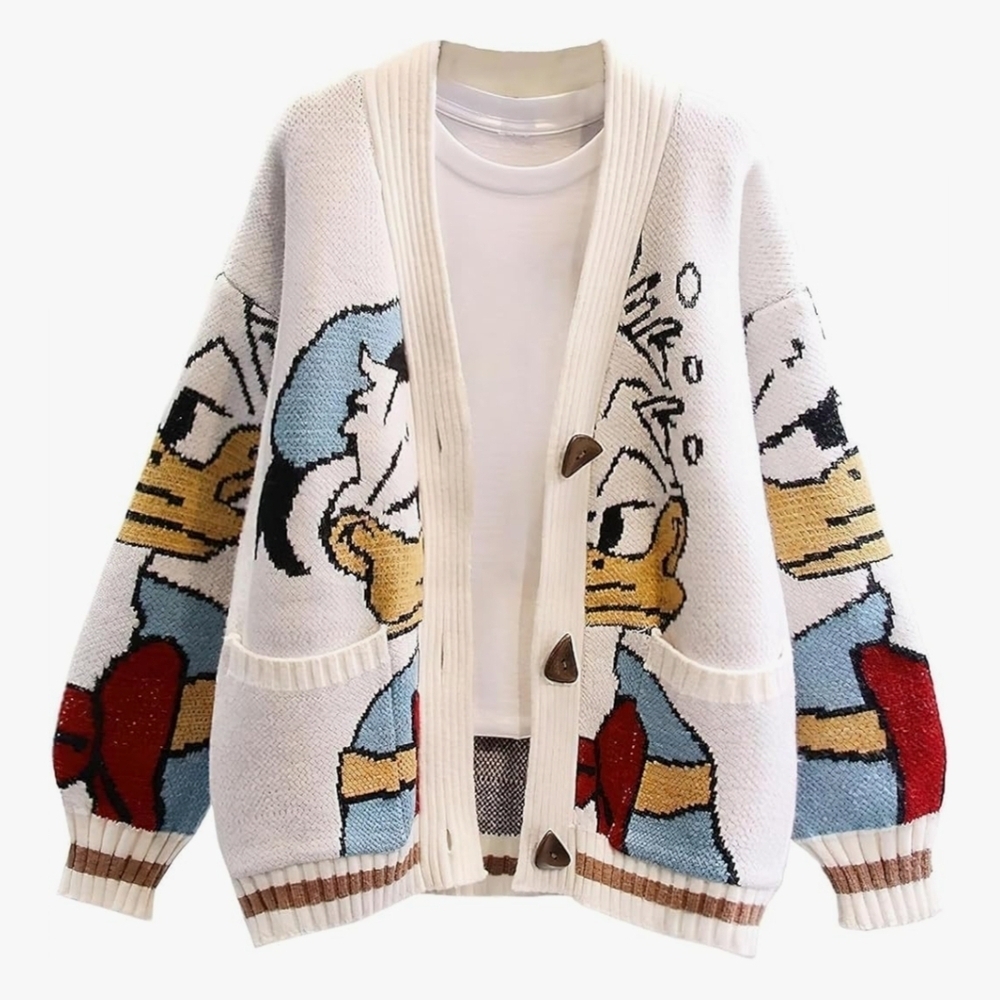 Cardigan with Vintage Cartoon Duck Design